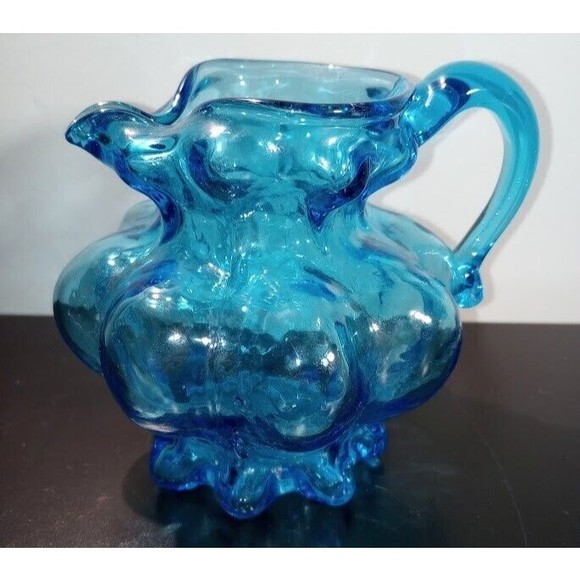 Blue Glass Handblown Creamer Handle Turquoise Bubble Round Decor - Picture 1 of 6